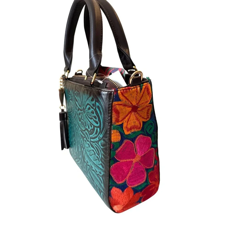 Tooled aqua with Floral  tapestry embroidery crossbody‎ shoulder satchel